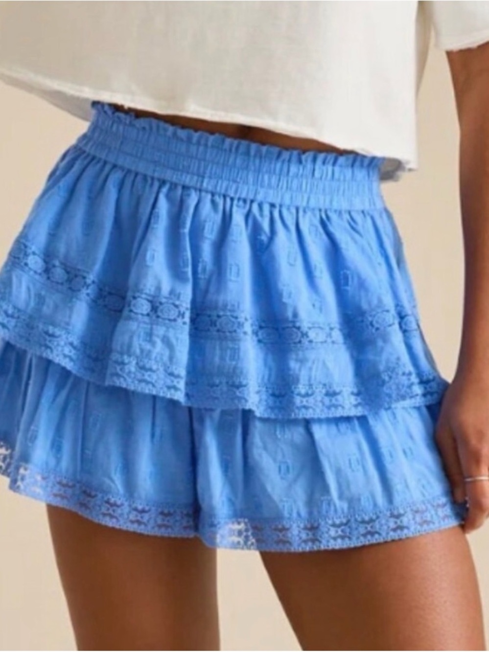 Altar'd State Sky Blue Tiered Eyelet Mini Skirt